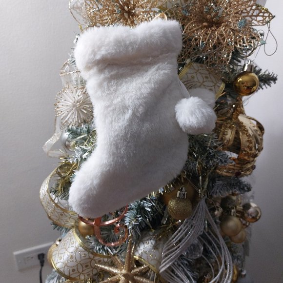 Pom Pom Faux Fur White and Hanging Stocking Ornament or Decoration Super Cute - Picture 5 of 6